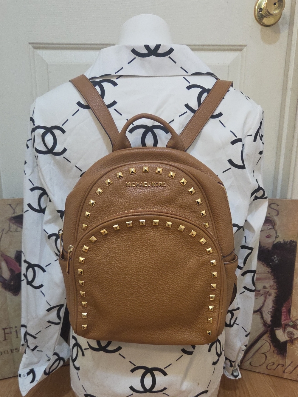 Michael Kors Camel Brown Leather Mini Backpack with Gold Studs